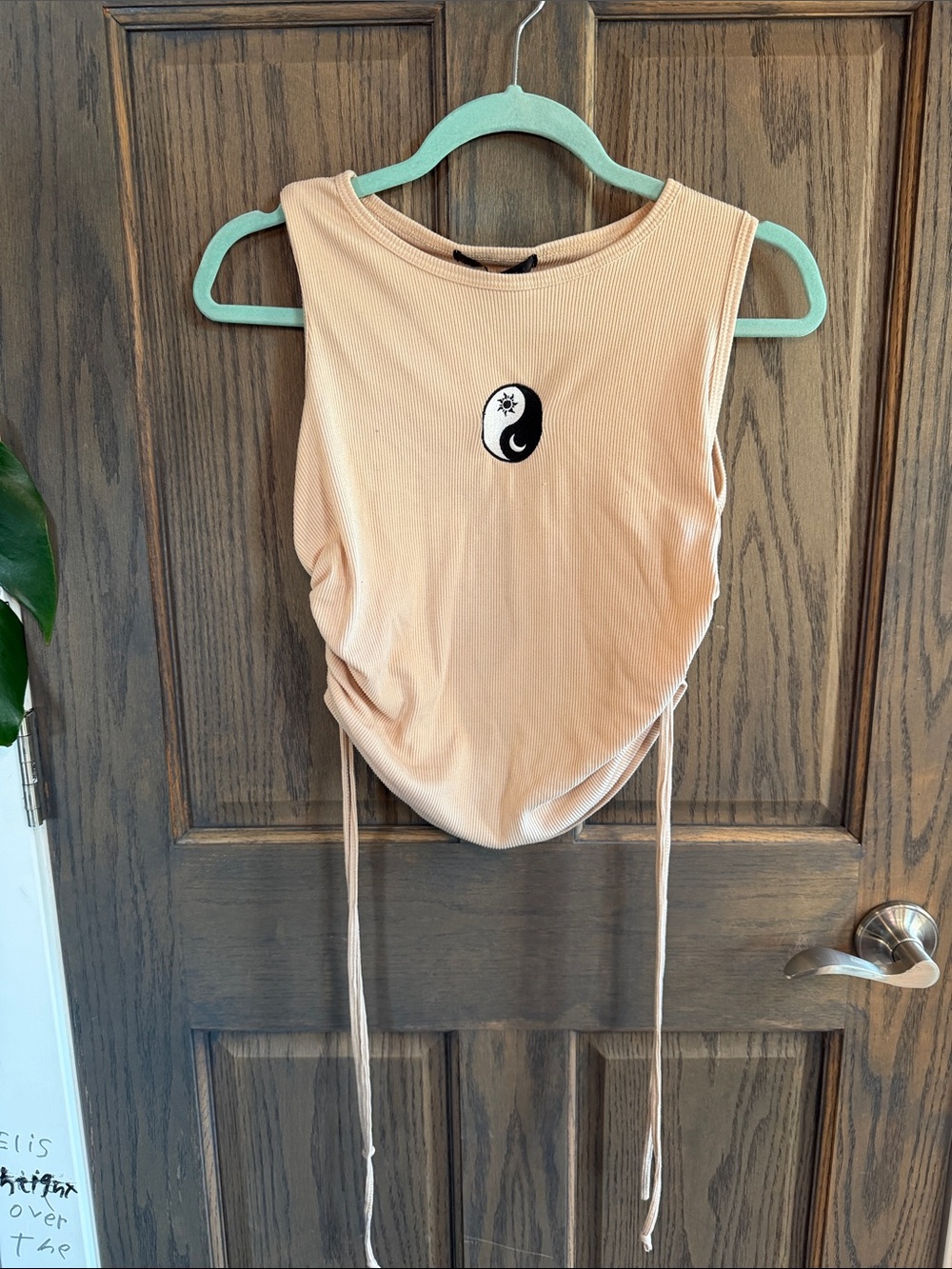 Women’s Peach Ribbed Drawstring Tank Top with Yin Yang Graphic